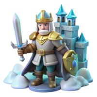 3D Render of King with Sword and Shield near Castle png