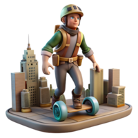 3D Illustration Young Explorer on Hoverboard in Cityscape png