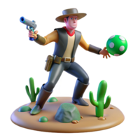 3D Render of Cowboy with Gun and Orb in Desert png