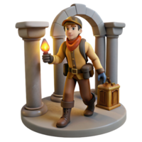 3D Render of Adventurer Exploring Ancient Ruins with Lamp png