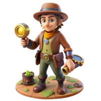 3D Render of Adventurous Explorer with Magnifying Glass and Compass png