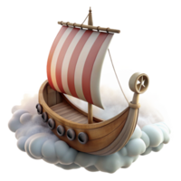 Wooden Viking Ship 3D Render on Clouds png