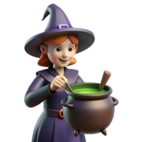 3D Render of a Young Witch Stirring a Cauldron of Green Potion png