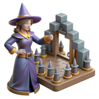 3D Render of a Fantasy Witch Playing a Strategic Board Game with Stone Towers and Magical Cones png