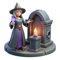 3D Render of a Cartoon Witch with a Magic Orb Near a Lit Altar png
