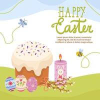 Square banner with information template for easter celebration. Religious scene with easter dessert and painted eggs in flat style, bright design with wishes illustration vector