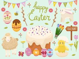 Set of cartoon elements of different symbols for Easter. Easter cake bread with eggs, willow branch, lamb, flowers and chick with chicken. Cute set of illustrations vector