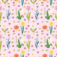Spring or summer flowers cute seamless pattern in cartoon style. Daffodil, bells, snowdrops, daisy and cute flowers, spring time, cute repeat pattern, pink color vector
