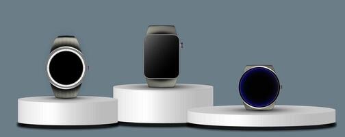 Three sleek smartwatches displayed on pedestals against a gray background in a minimalistic showcase setting. vector