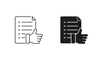 Check, Approve Agreement Line and Silhouette Icon Set. Confirmation, Customer Feedback Symbol. Thumb Up And Paper Document Pictogram. Editable Stroke. Isolated Illustration vector