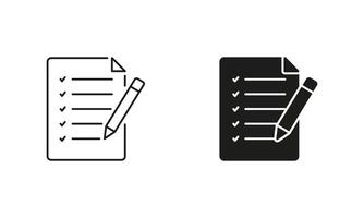 File Report Sign. Write Checklist. Legal Document Line and Silhouette Icon Set. Business Contract Page Symbol. Sheet Of Paper With Pen Pictogram. Editable Stroke. Isolated Illustration vector