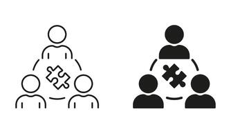 Puzzle Jigsaw and Partnership Success Line and Silhouette Icon Set. Unity, Team Building Pictogram. Business Community. Collaboration and Teamwork Icon. Editable Stroke. Isolated Illustration vector