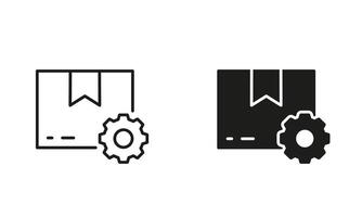 Delivery Service Settings Sign. Parcel with Gear Line and Silhouette Icon Set. Cogwheel and Cardboard Box Symbol. Editable Stroke. Isolated Illustration vector