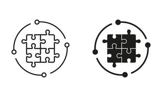 Puzzle, Jigsaw Solution Line and Silhouette Icon Set. Idea, Challenge Game, Teamwork Sign. Editable Stroke. Isolated Illustration vector