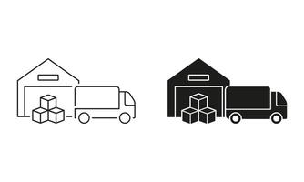 Cargo Box Load Into Vehicle From Storage Building Pictogram. Warehouse and Truck Line and Silhouette Icon Set. Transportation and Storehouse Symbol. Editable Stroke. Isolated Illustration vector