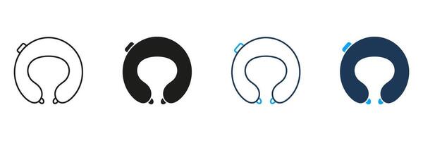 Neck Pillow Line and Silhouette Icon Set. Travel Cushion for Comfort and Support Symbol. Portable Comfortable Cushion for Trip. Editable Stroke. Isolated Illustration vector