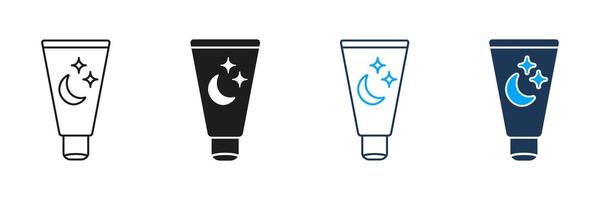 Night Cream Tube with Moon and Stars Line and Silhouette Icon Set. Bedtime Skincare Product Symbol. Nighttime Beauty Product for Skin Care. Editable Stroke. Isolated Illustration vector