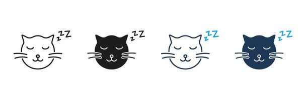 Sleeping Cat Face with ZZZ Line and Silhouette Icon Set. Peaceful Pet Rest and Relaxation Symbol. Calm and Cozy Animal Nap. Editable Stroke. Isolated Illustration vector