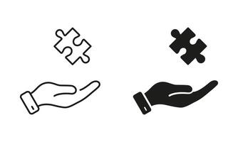 Puzzle and Human Hand Line and Silhouette Icon Set. Solution, Idea, Strategy, Problem Solving Sign. Editable Stroke. Isolated Illustration vector