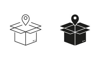 Order Location Line and Silhouette Icon Set. Receive Parcel Place. Delivery Service Pictogram. Editable Stroke. Isolated Illustration vector