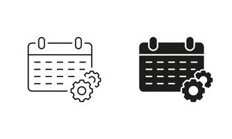 Calendar with Gear Pictogram, Schedule Concept. Job Appointment Sign. Time Management Line and Silhouette Icon Set. Work Project Deadline Symbol. Editable Stroke. Isolated Illustration vector
