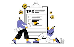 Two characters filling in a tax form. vector