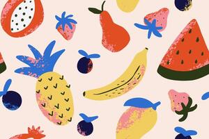 Tropical seamless pattern with textured fruits. Print with banana, mango, pineapple, pear, watermelon, pomegranate. illustration for fabric, cover, textile. vector