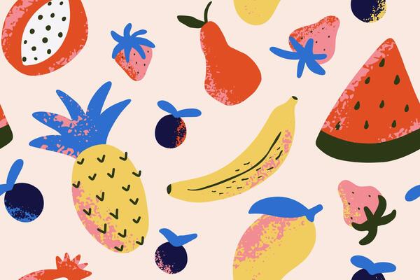 Tropical seamless pattern with textured fruits. Print with banana, mango, pineapple, pear, watermelon, pomegranate. illustration for fabric, cover, textile.