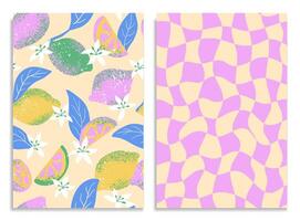 Quirky seamless pattern with lemon and grid. Trippy fruit background. Illustration for cover, fabric, decor vector