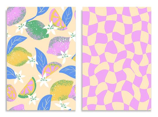 Quirky seamless pattern with lemon and grid. Trippy fruit background. Illustration for cover, fabric, decor