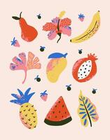 Background with banana, hibiscus, exotic leaf, mango. Quirky abstract illustration. Design for poster, card, banner. vector