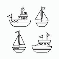 A set of images of marine transport in a cartoon style. illustrations of various types, sail, boat, yacht, steamer, highlighted on a white background. Coloring book, design, web banners. vector