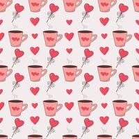 Seamless pattern of mugs with hearts and lollipops. Fabric texture for Valentine's day, background with cups and hearts. Romantic background for Valentine's day. vector
