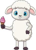 Cute sheep cartoon enjoying a pink ice cream cone, great for farm, summer, dessert, or whimsical design projects. vector