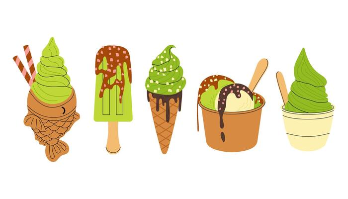 Set illustrations matcha ice cream. Taiyaki. For menu design, food blog, print and postcard.