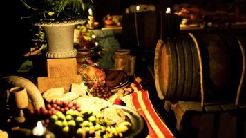 A festive gathering with various foods and drinks on a rustic table setting video