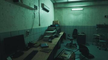 A dimly lit office space with cluttered desks and a cold atmosphere video