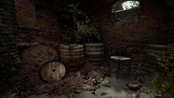 Weathered barrels and a solitary chair in a rustic, abandoned room video