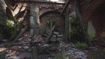 Abandoned structure with collapsing walls and overgrown vegetation video