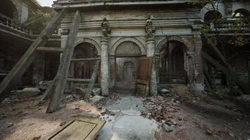 Abandoned building with crumbling architecture and overgrown vegetation video