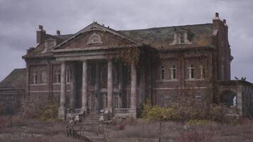 Abandoned mansion with overgrown garden in a cloudy atmosphere video