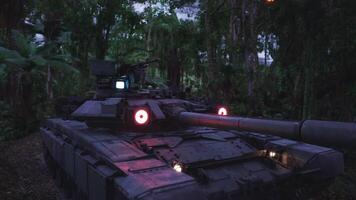 Tank stationed in dense jungle during twilight hours with glowing features video