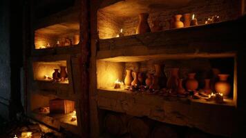 Pottery displayed in dark room illuminated by candlelight at night video
