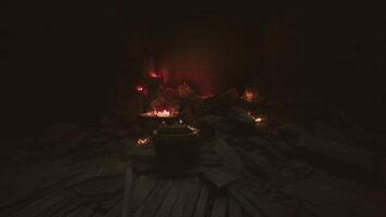 Mysterious underground space with flickering lights and scattered rocks video