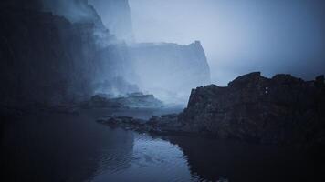 Mysterious coastal cliffs enveloped in fog at dawn video