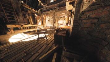 Rustic workshop filled with sunlight and wooden furnishings in an old building video