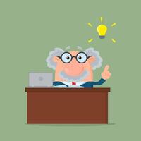 Professor Or Scientist Cartoon Character Behind Desk With A Big Idea vector