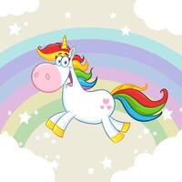 Cute Magic Unicorn Cartoon Mascot Character Running Around Rainbow With Clouds vector
