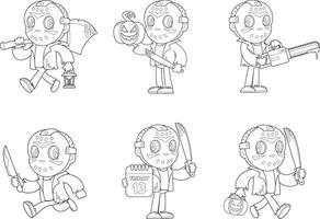 Outlined Cute Murderer Cartoon Character. Hand Drawn Collection Set vector