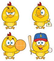 Yellow Chick Cartoon Character. Collection Set - 4 vector